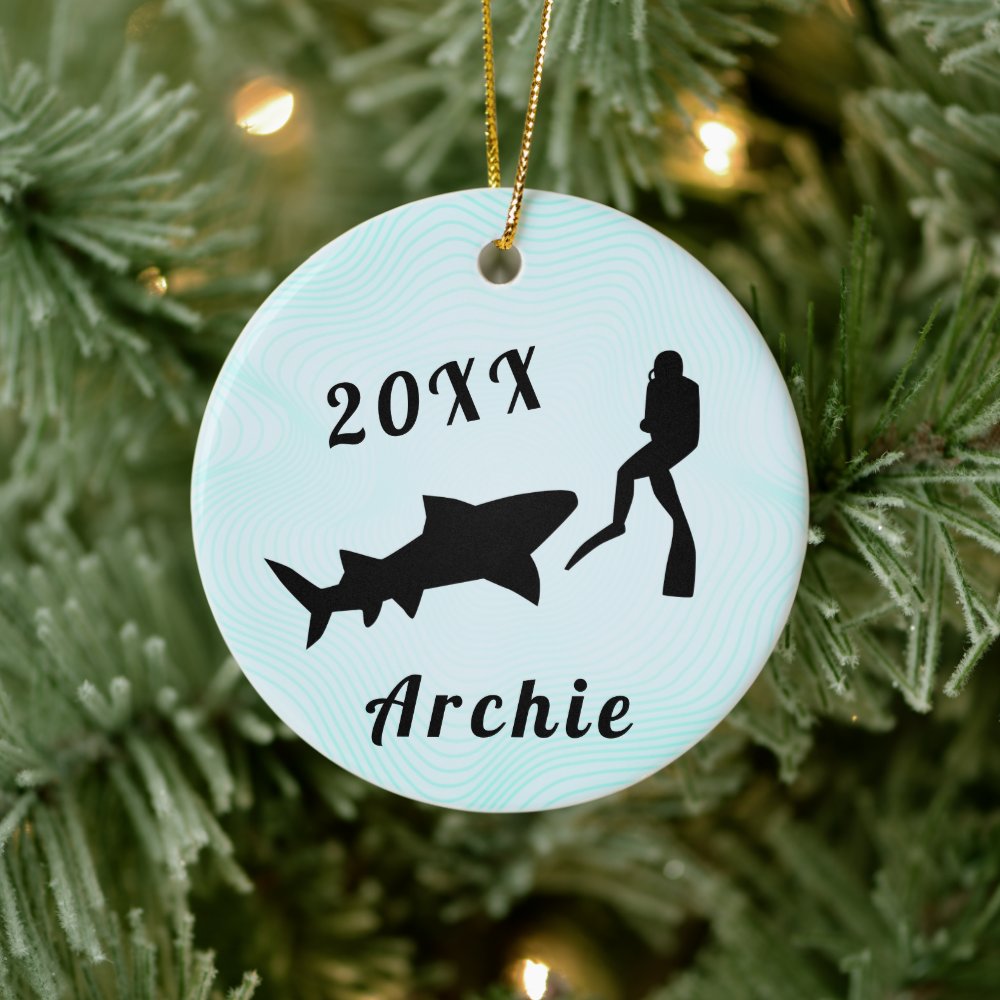 scuba diver shark ocean sea underwater diving ceramic ornament r36b8f2c36f1c4bea8f3cf06cecbe249f 05wi1 8byvr 1000 - Scuba Diving Gifts