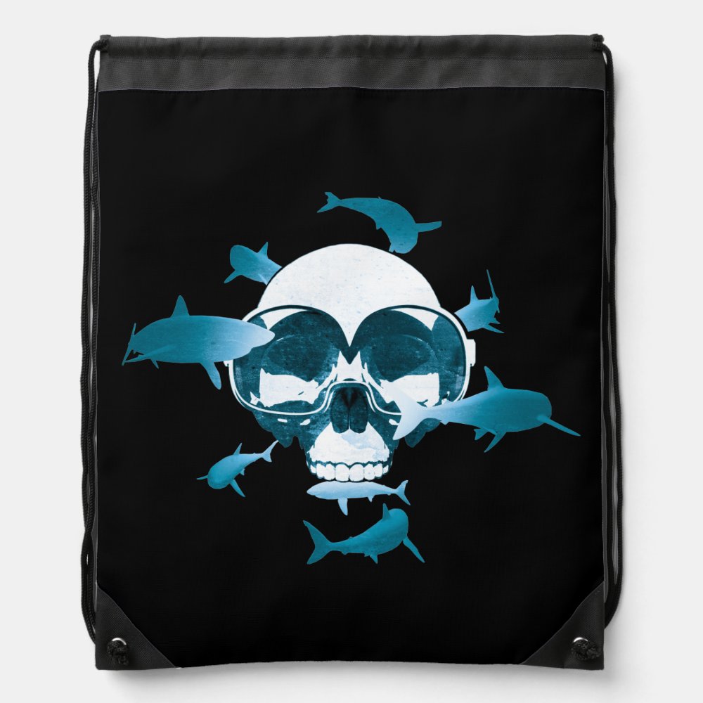 scuba diving skull and sharks graphic design drawstring bag - Scuba Diving Gifts