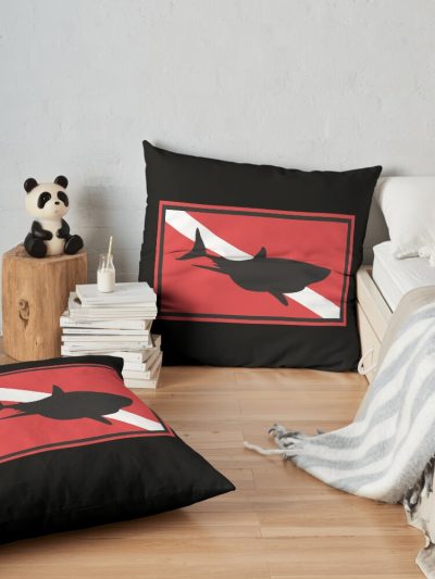 Scuba Shark Dive Flag Throw Pillow Official Scuba Diving Gifts Merch