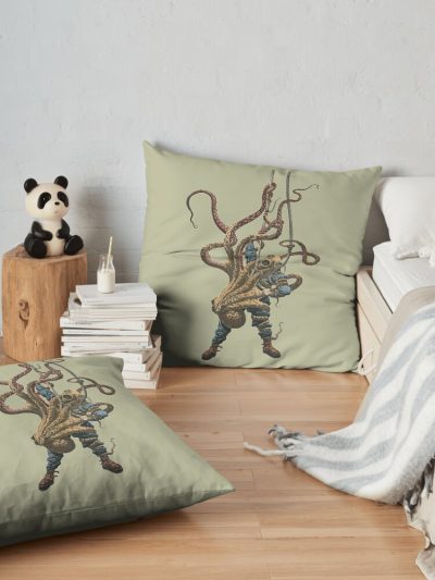 Vintage Diver Struggling With A Giant Octopus Throw Pillow Official Scuba Diving Gifts Merch