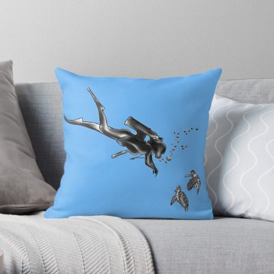 Female Scuba Diver Meeting Sea Turtles Throw Pillow Official Scuba Diving Gifts Merch