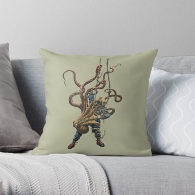 Vintage Diver Struggling With A Giant Octopus Throw Pillow Official Scuba Diving Gifts Merch