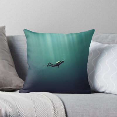 Underwater Scuba Diver In A Dark Lake Throw Pillow Official Scuba Diving Gifts Merch